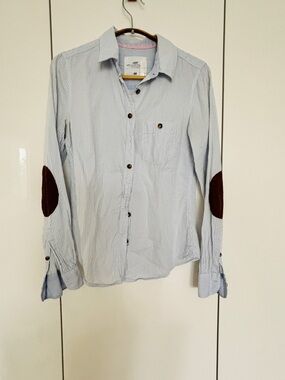Light Blue Striped Button-Down Shirt with Brown corduroy Elbow Patches